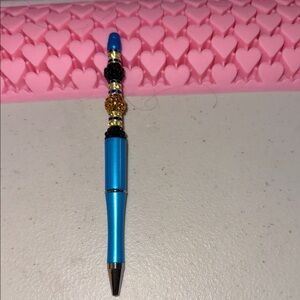 Blue Ballpoint Refillable Pen with Bejeweled Black and Yellow Accents